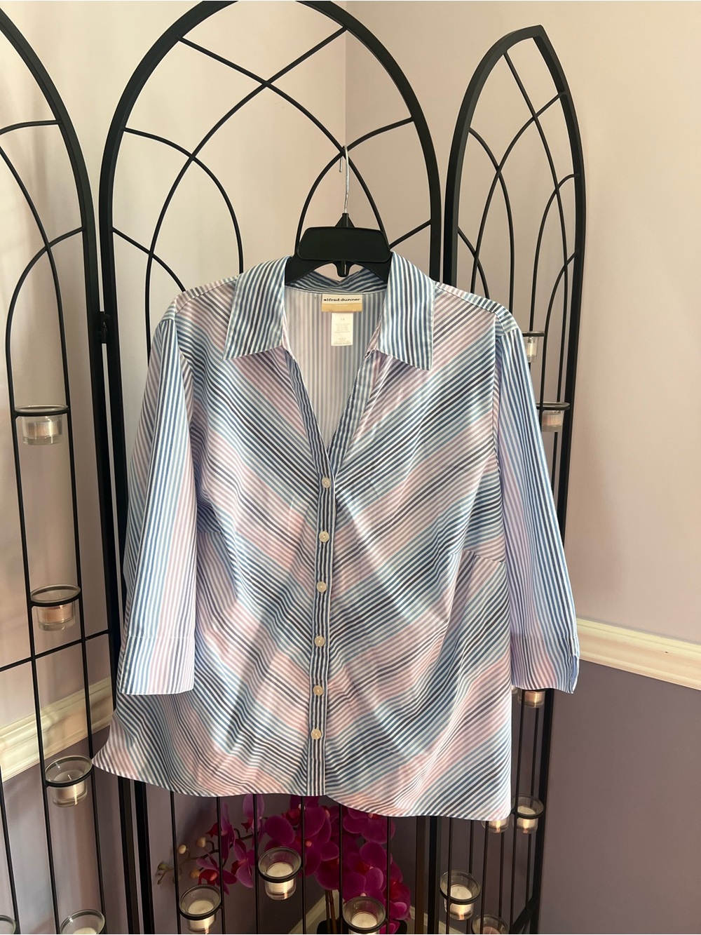 Alfred Dunner Pastel Blue and Pink Striped Button-Front Blouse
